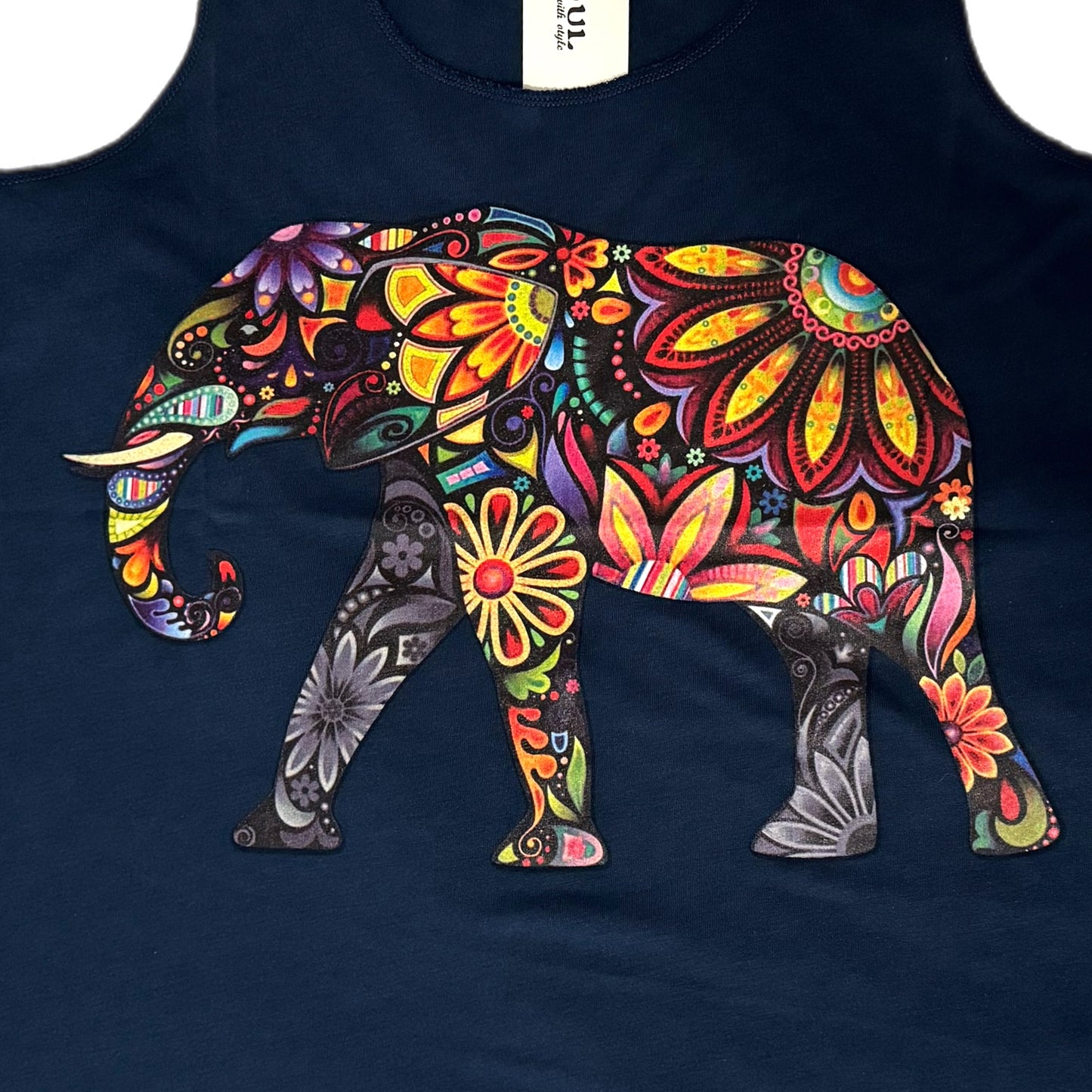 LA SOUL Navy Floral Peaceful Elephant Graphic Tank Top