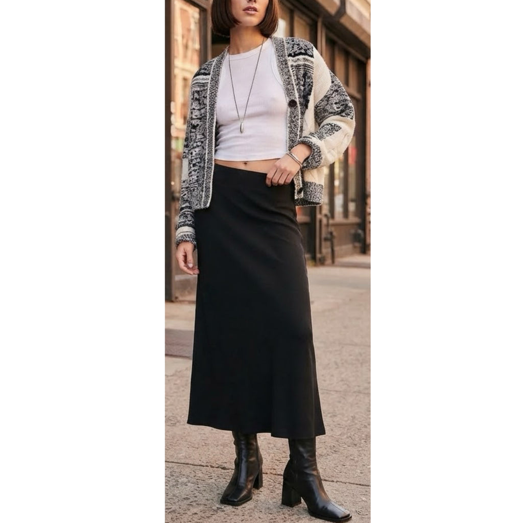 Madewell 90s Style Merino Wool Blend Maxi Skirt Pull On Ribbed Knit in Black