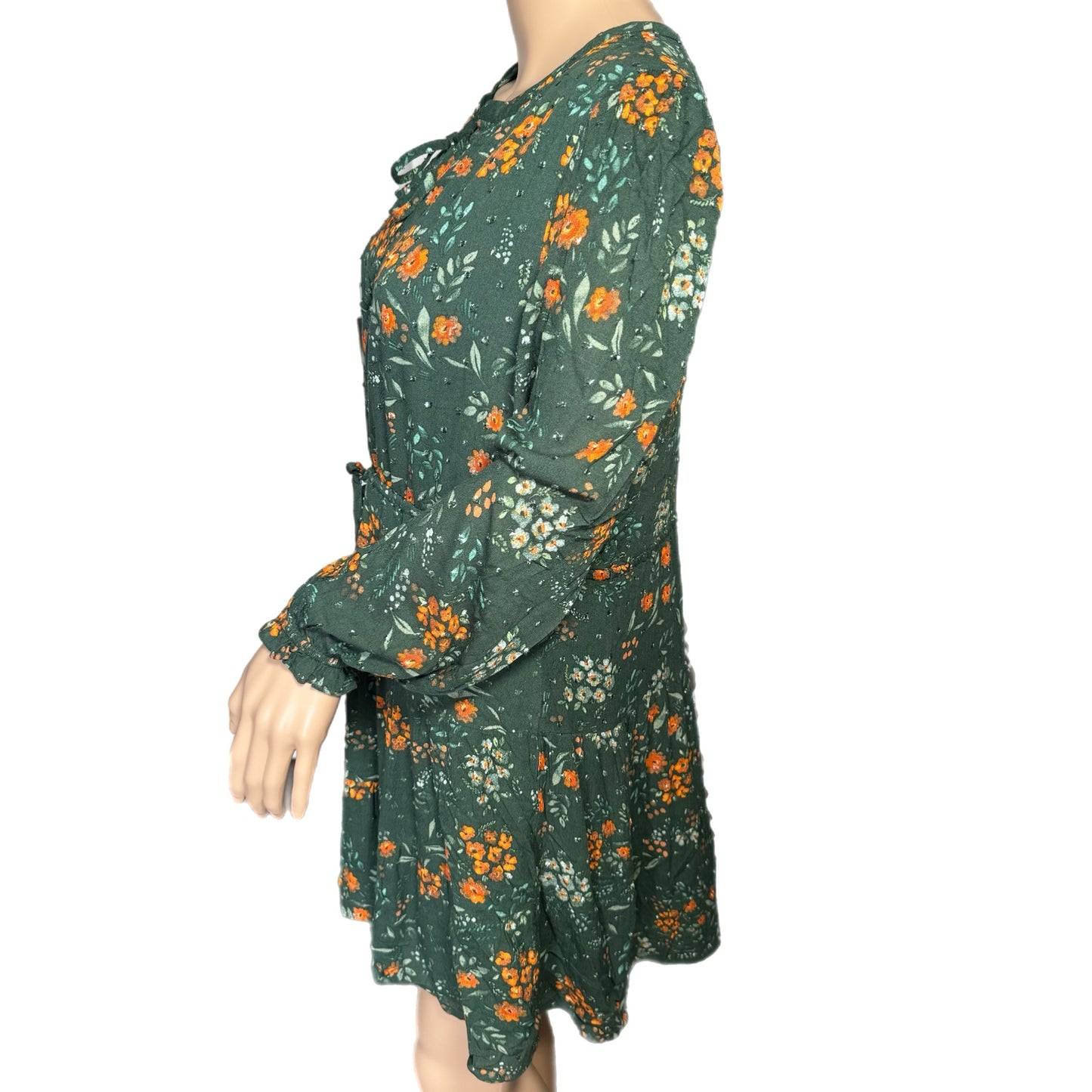 DANIEL RAINN Boho Floral Autumn Dress Green Long Sleeve Split Neck