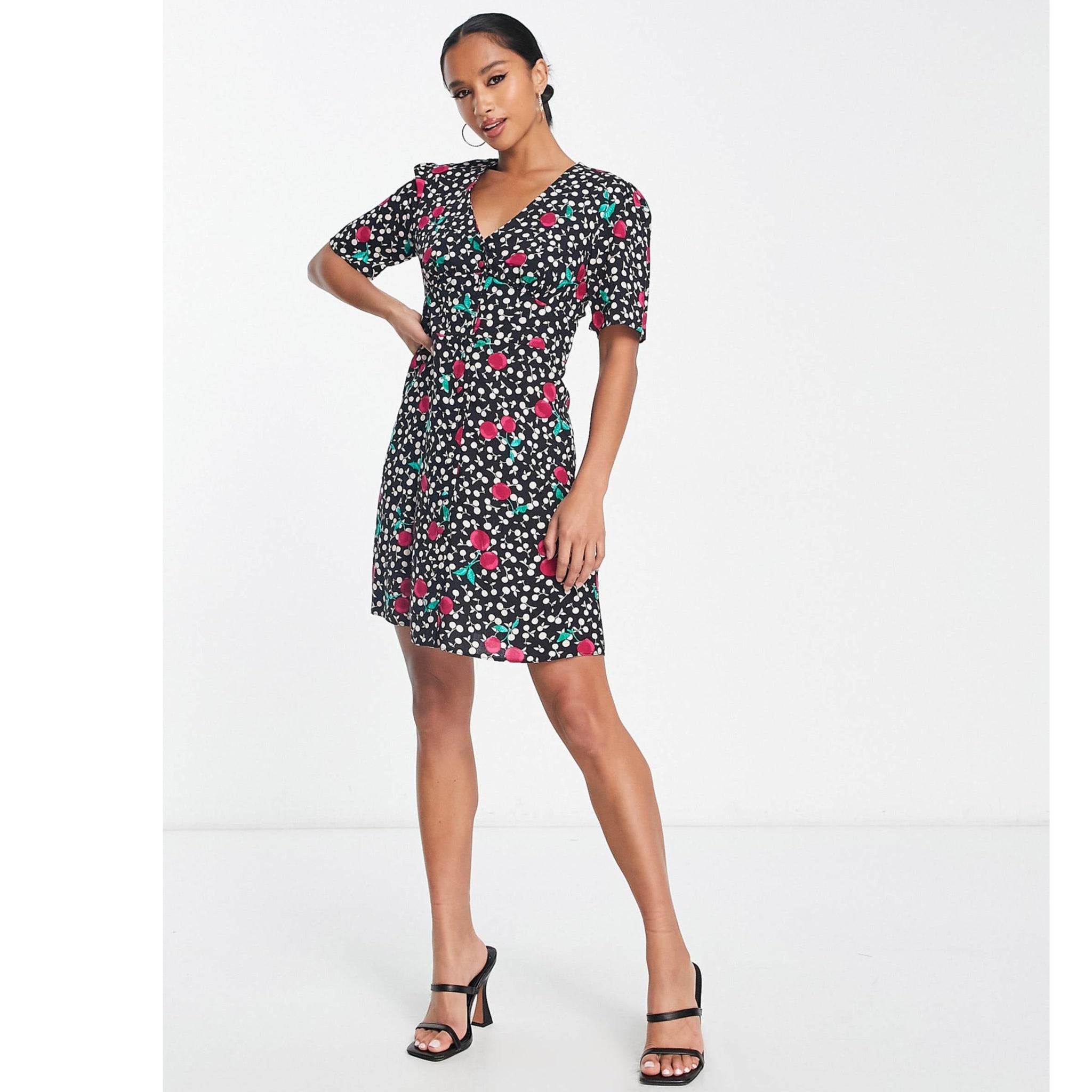 Nobody’s Child Cherry Mini Dress Eco Friendly Viscose Short Sleeve Button Front