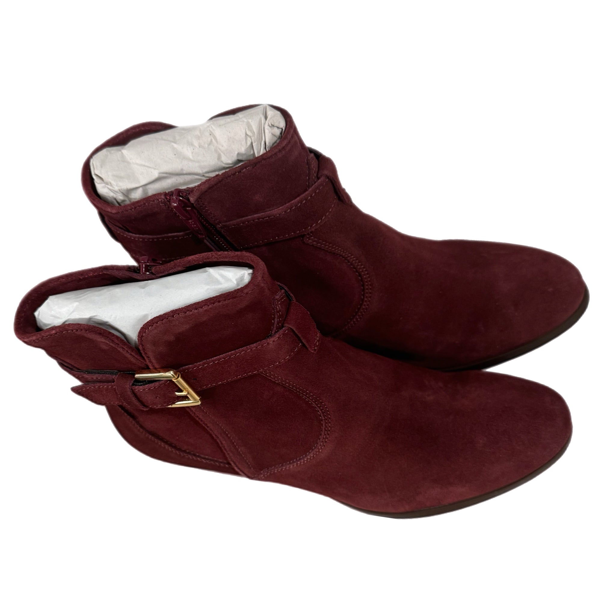 DIBA Merlot Burgundy Genuine Suede Leather Fashion Booties Gold Buckle Accent
