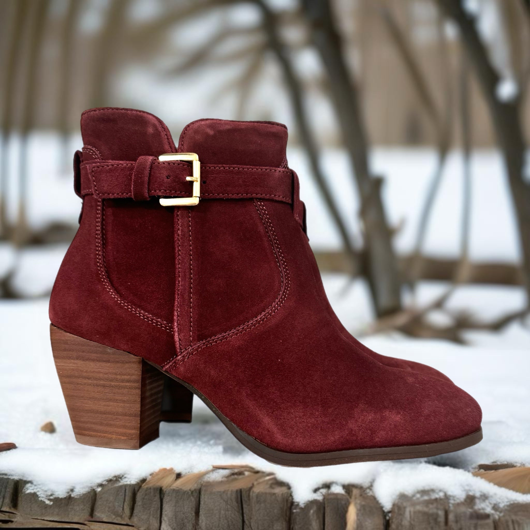DIBA Merlot Burgundy Genuine Suede Leather Fashion Booties Gold Buckle Accent