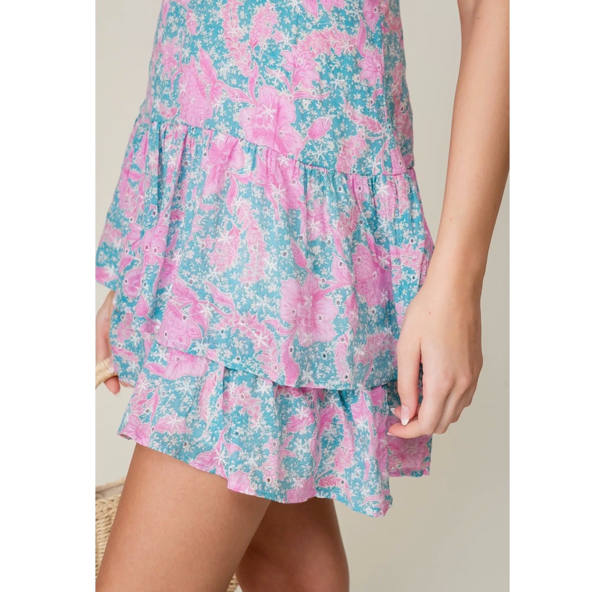Lumiere Coastal Pink & Blue Embroidered Floral Tiered Mini Dress Ruffle