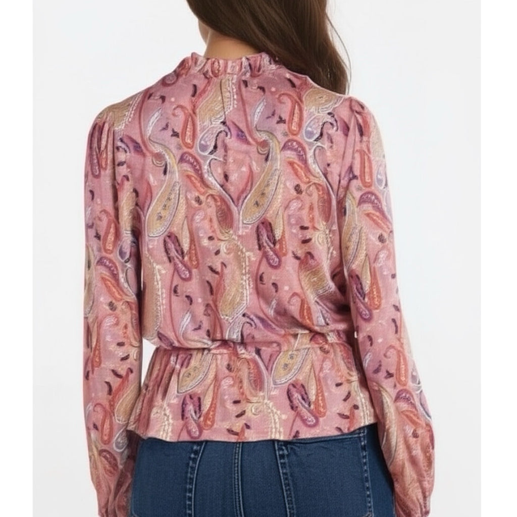 Les Serein Stitch Fix Pink Paisley Boutique Top Ruffle Blouse Split Neck