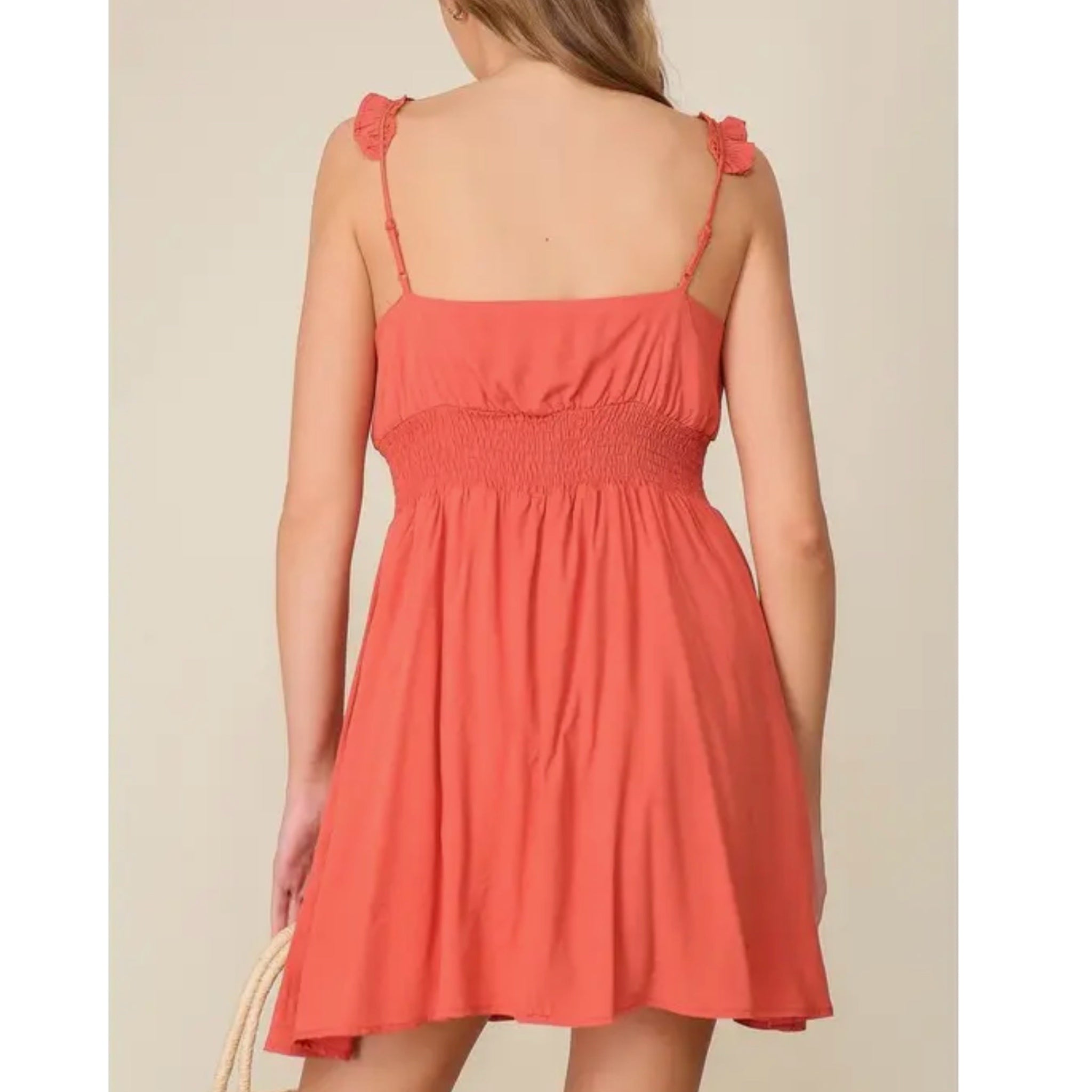 Lumiere Eyelet Ruffle Cami Dress in Coral Stretch Bodice Fit & Flare
