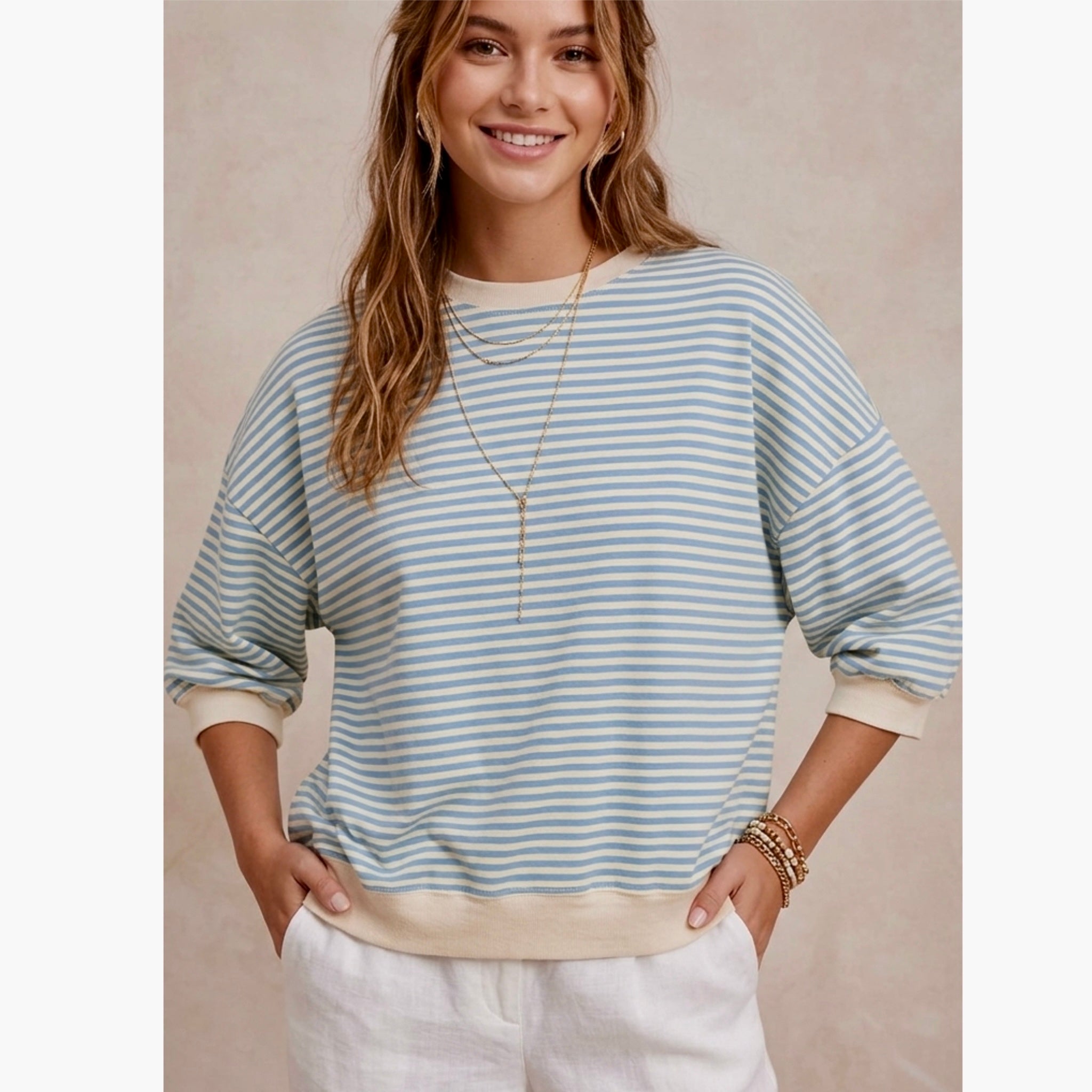 LA MIEL Coastal Stripe Relaxed Pullover Cotton Crew Top in Cream & Blue