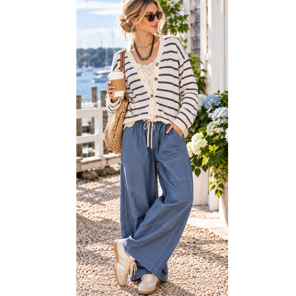 La Miel Coastal Striped V-Neck Cardigan Sweater – Cream & Navy