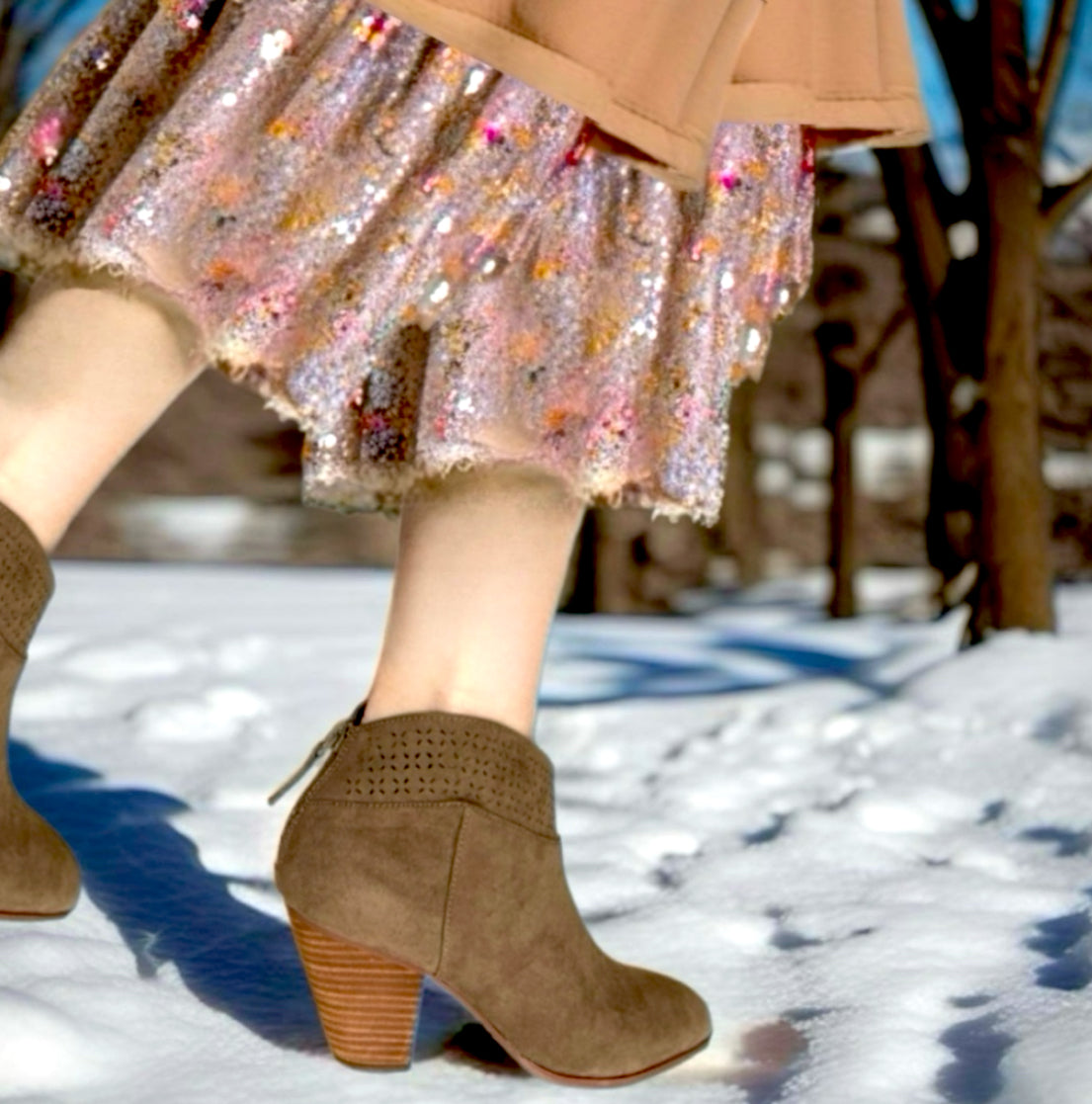 Violet & Red Jackson Lazer Cut Topline Boho Chic Heeled Bootie Taupe