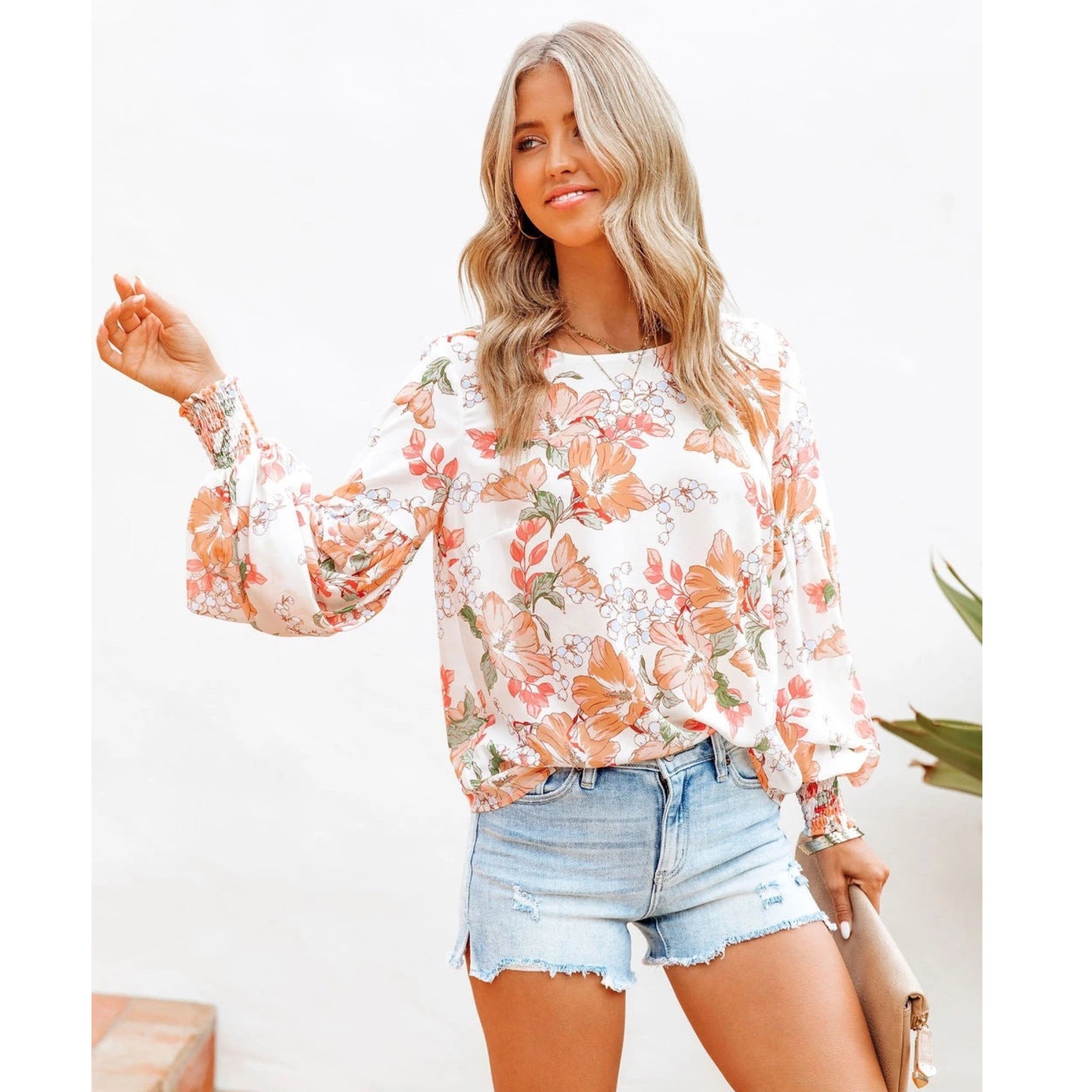Aria Floral Balloon-Sleeve Blouse in Coastal Summer Peach & Ivory