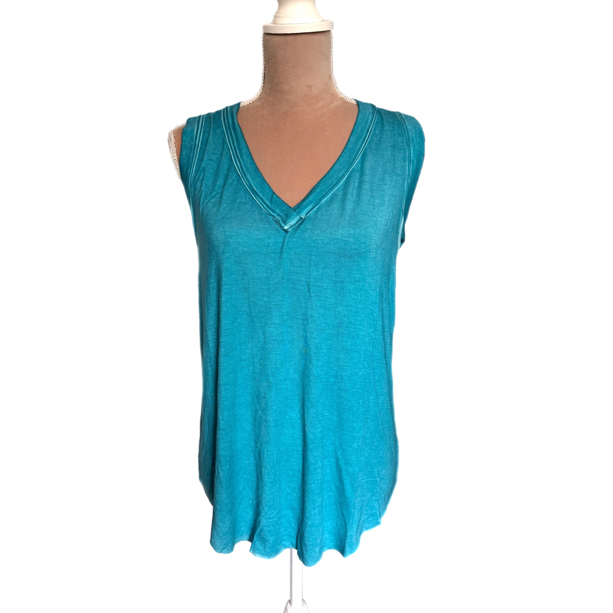LA MIEL Acid Wash 90s Style Tank Top Raw Hem- Beach Bum Turquoise