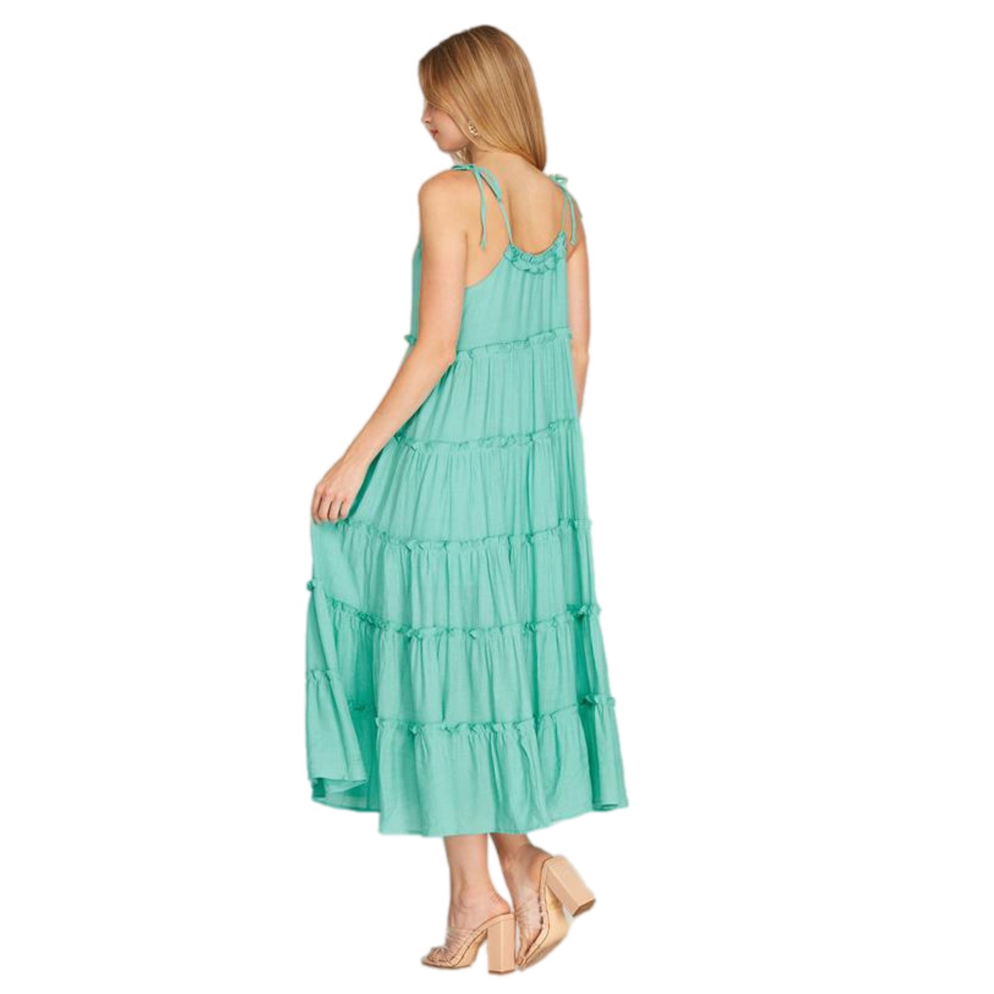 She + Sky Tied Shoulder Strap Tiered Long Dress Summer Maxi Green Jade