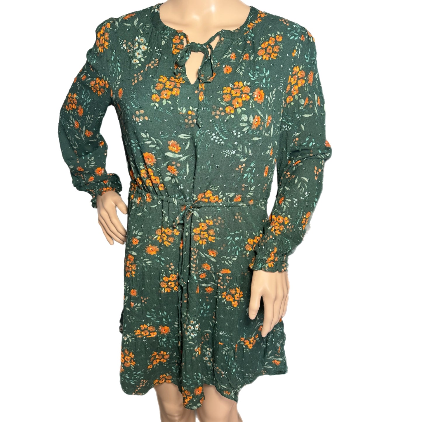 DANIEL RAINN Boho Floral Autumn Dress Green Long Sleeve Split Neck