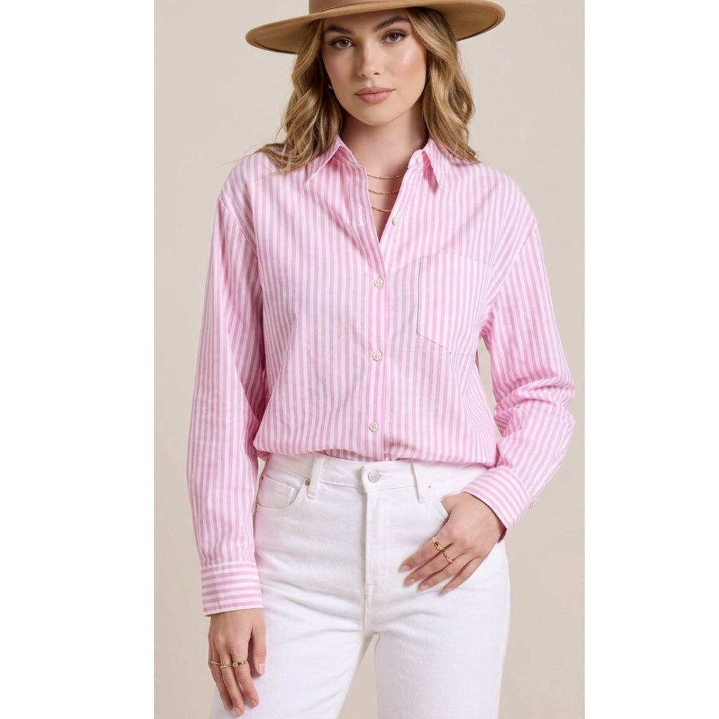 La Miel Preppy Coastal Pink & White Striped Button-Down Blouse