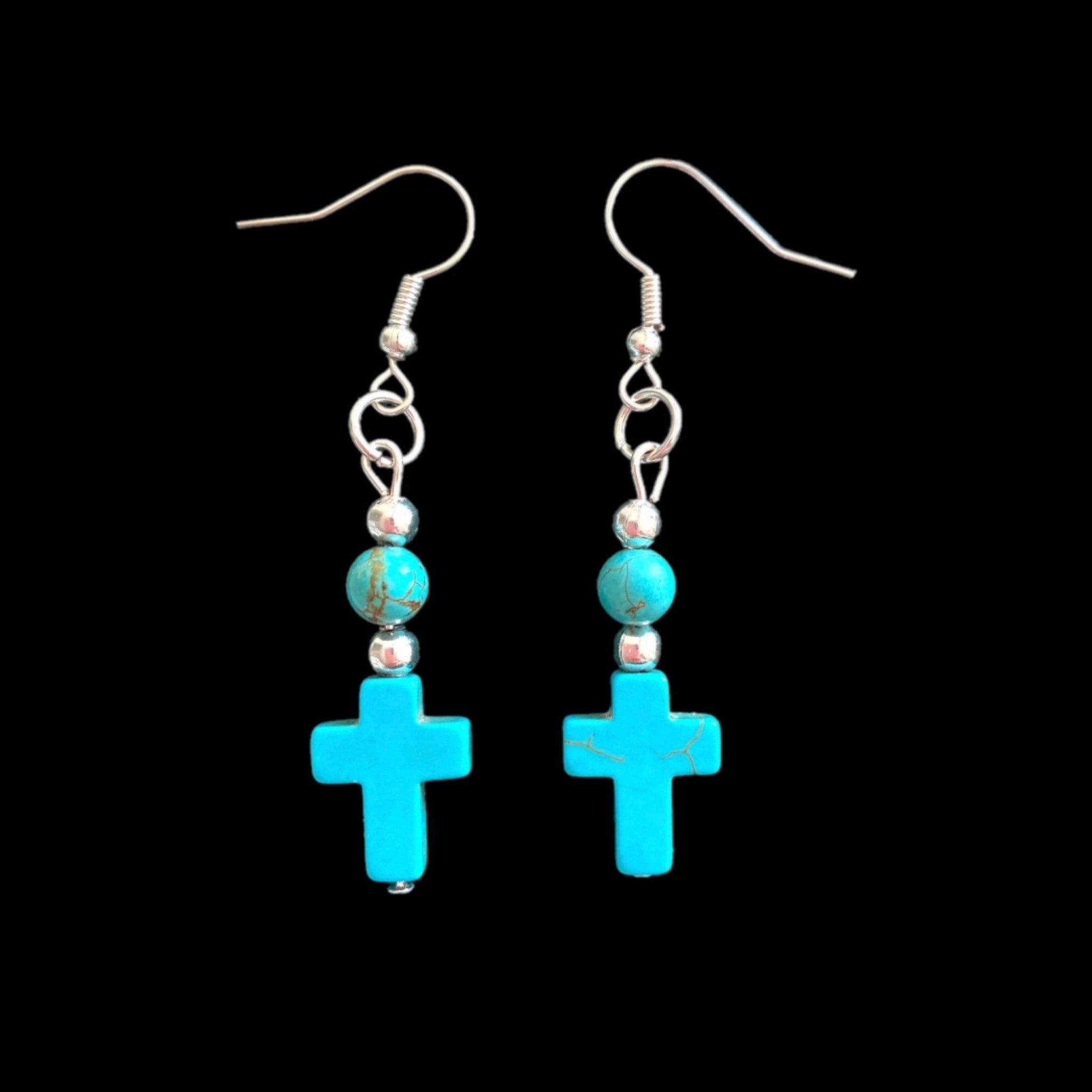 Boho Chic Western Turquoise Stone Cross Dangle Earrings - East Coast Bella LLC