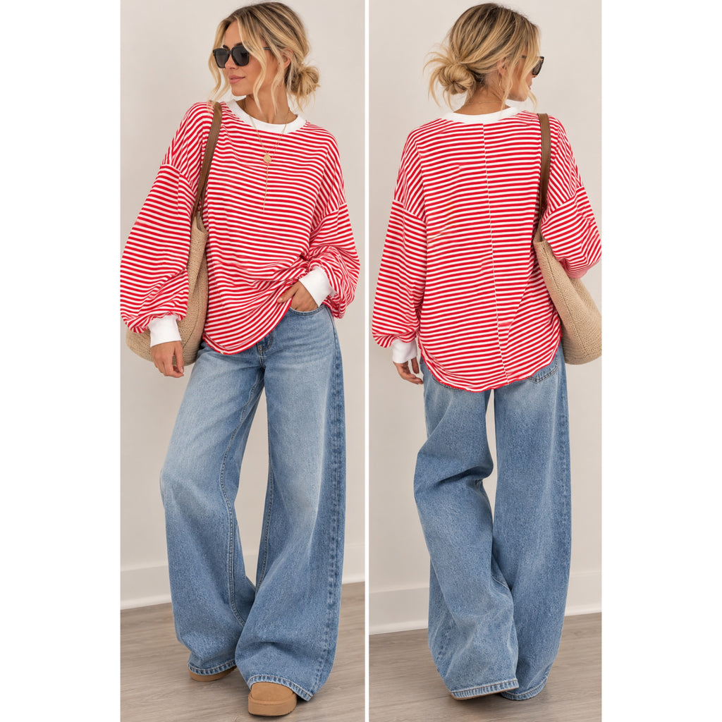 La Miel Red & White Striped Oversized Long Sleeve Top