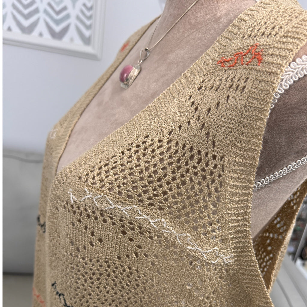 Boho Crochet Fringe Vest Tan Embroidered Open Front Cardigan