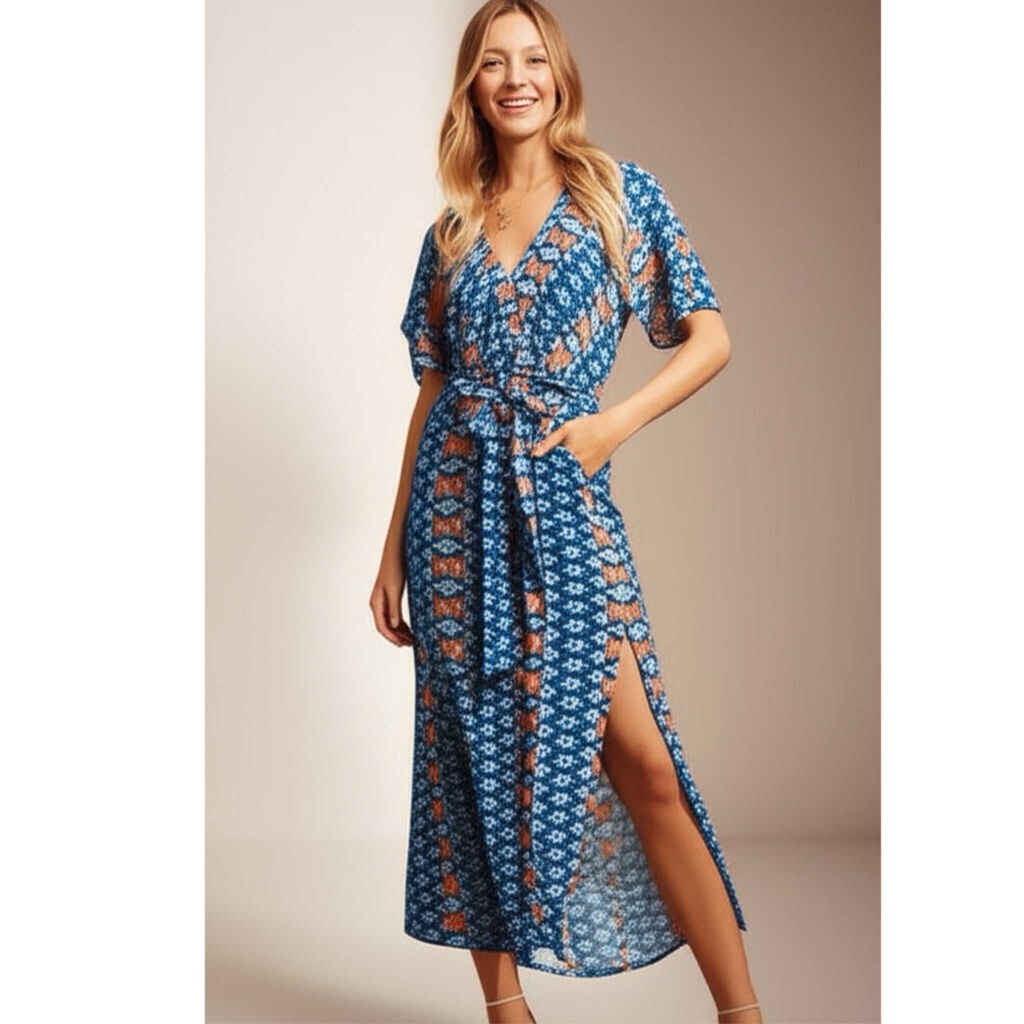 HAPTICS Navy Boho Summer Print Surplice Sash Belt Midi Dress