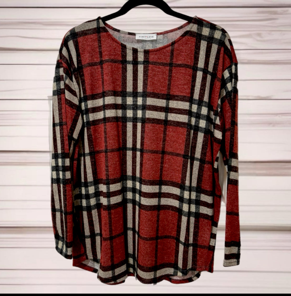 FIRST LOVE by Lovelyn Autumn Rust Plaid Light Knit Top Sweater S, M, L