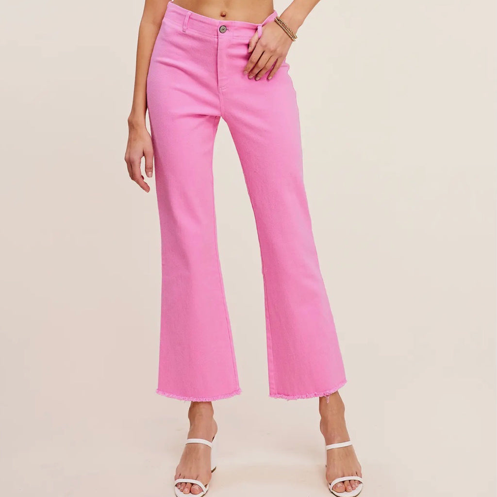 LA MIEL High-Rise Raw Hem Stretch Ankle Flare Pants in Candy Pink