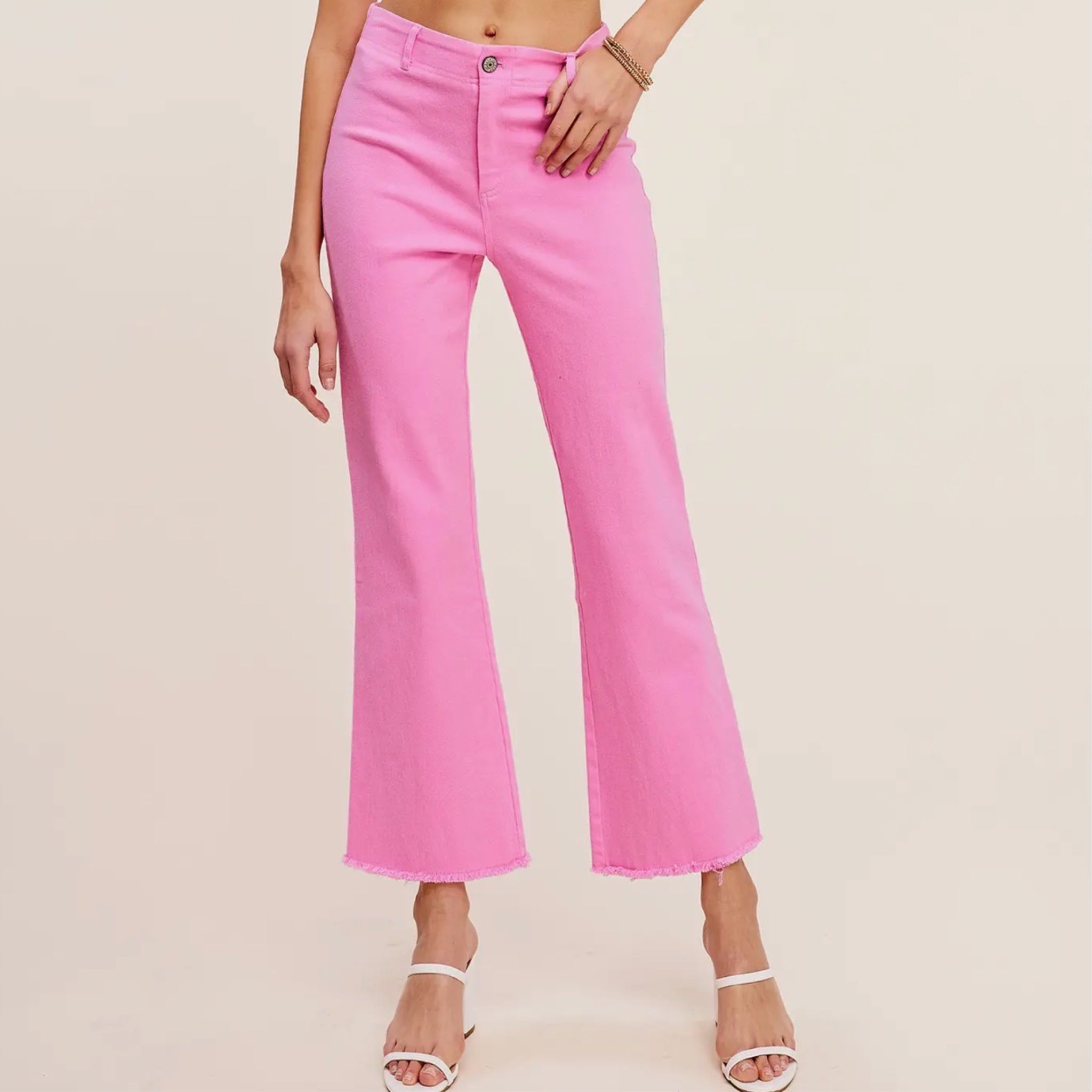 LA MIEL High-Rise Raw Hem Stretch Ankle Flare Pants in Candy Pink