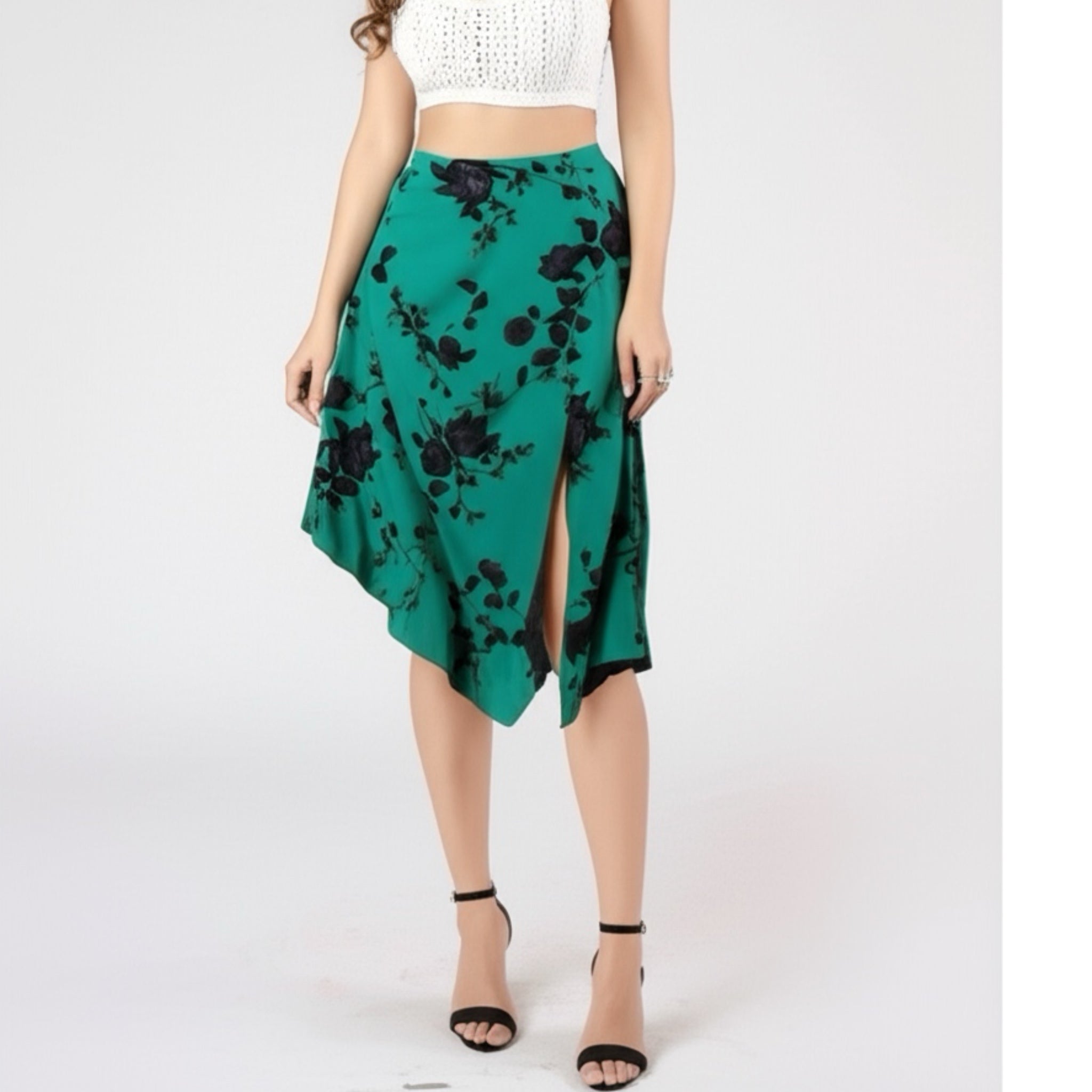 BAND OF THE FREE Etta Emerald Floral Midi Skirt Green Black Front Slit