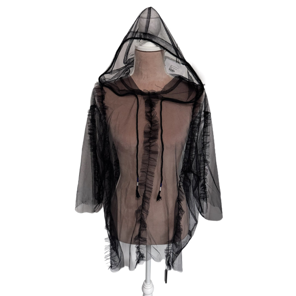POL Sheer Hooded Blouse Women’s Black Ruffled Mesh Long Sleeve Top