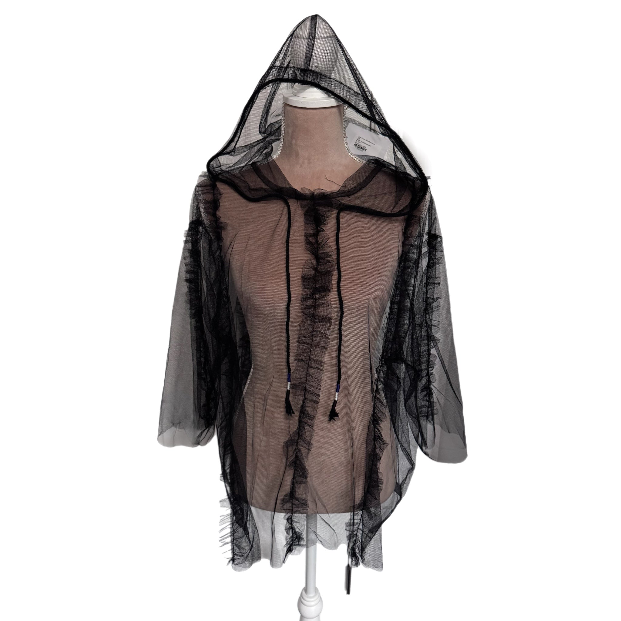 POL Sheer Hooded Blouse Women’s Black Ruffled Mesh Long Sleeve Top