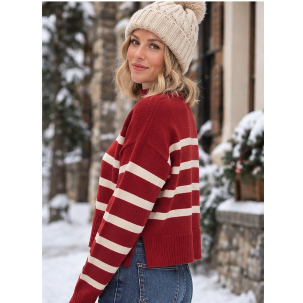 La Miel Red & Cream Striped Dolman Sleeve Mock Neck Sweater
