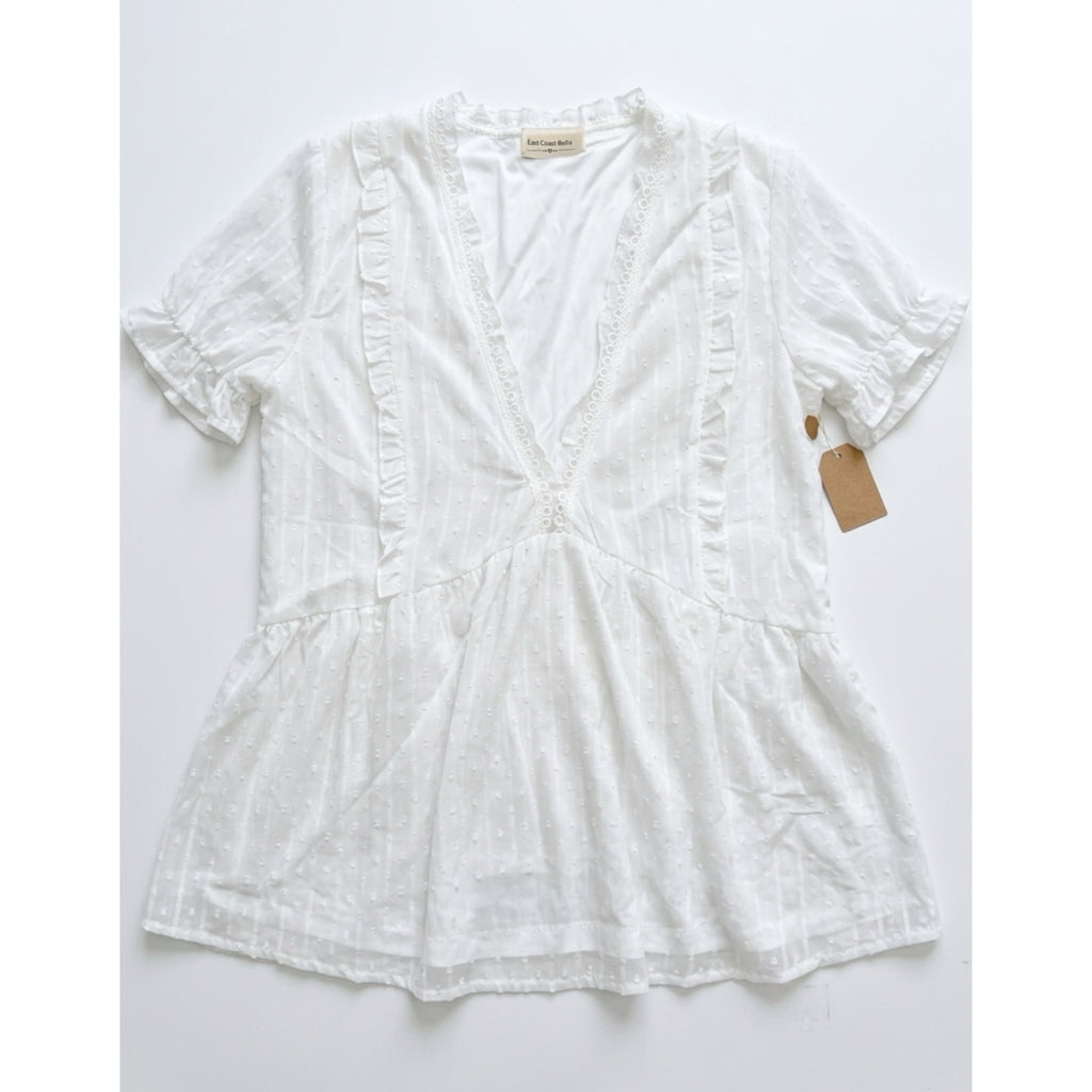 Chiffon Swiss Dot Ruffle Blouse Plunge Top V-Neck in Romantic White
