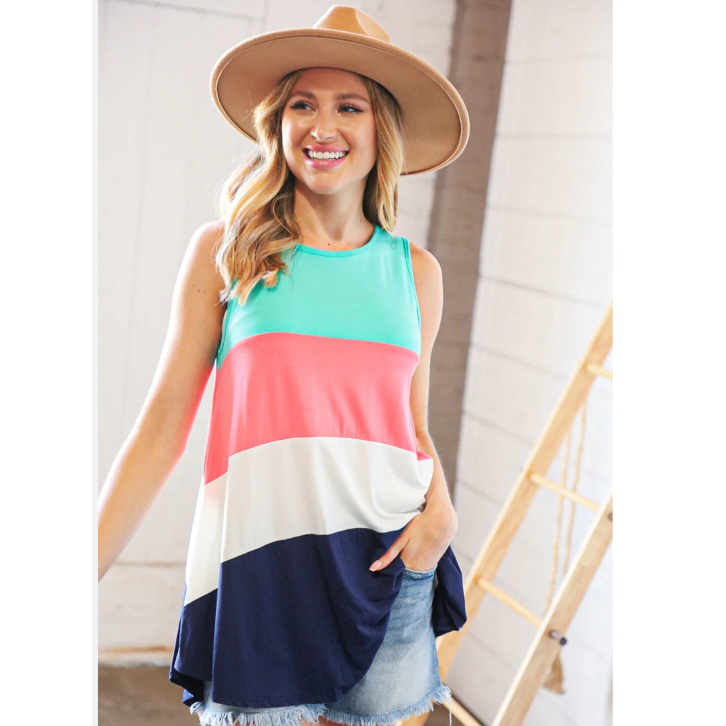 Beeson River Color Block Knit Top Sleeveless Cover Up Tunic Tank USA Made