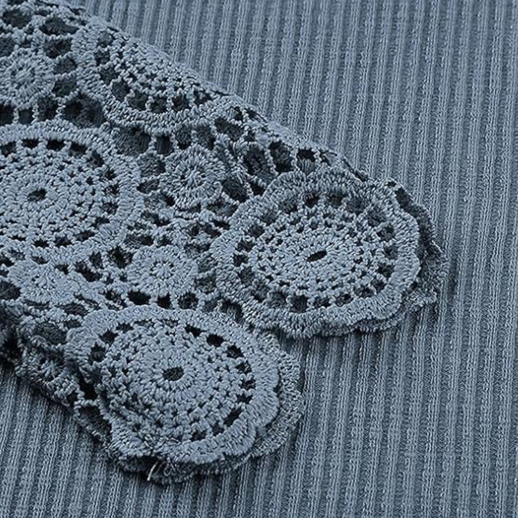 Boho Chic Rib-Knit Henley Top with Crochet Lace Sleeves in Slate Blue