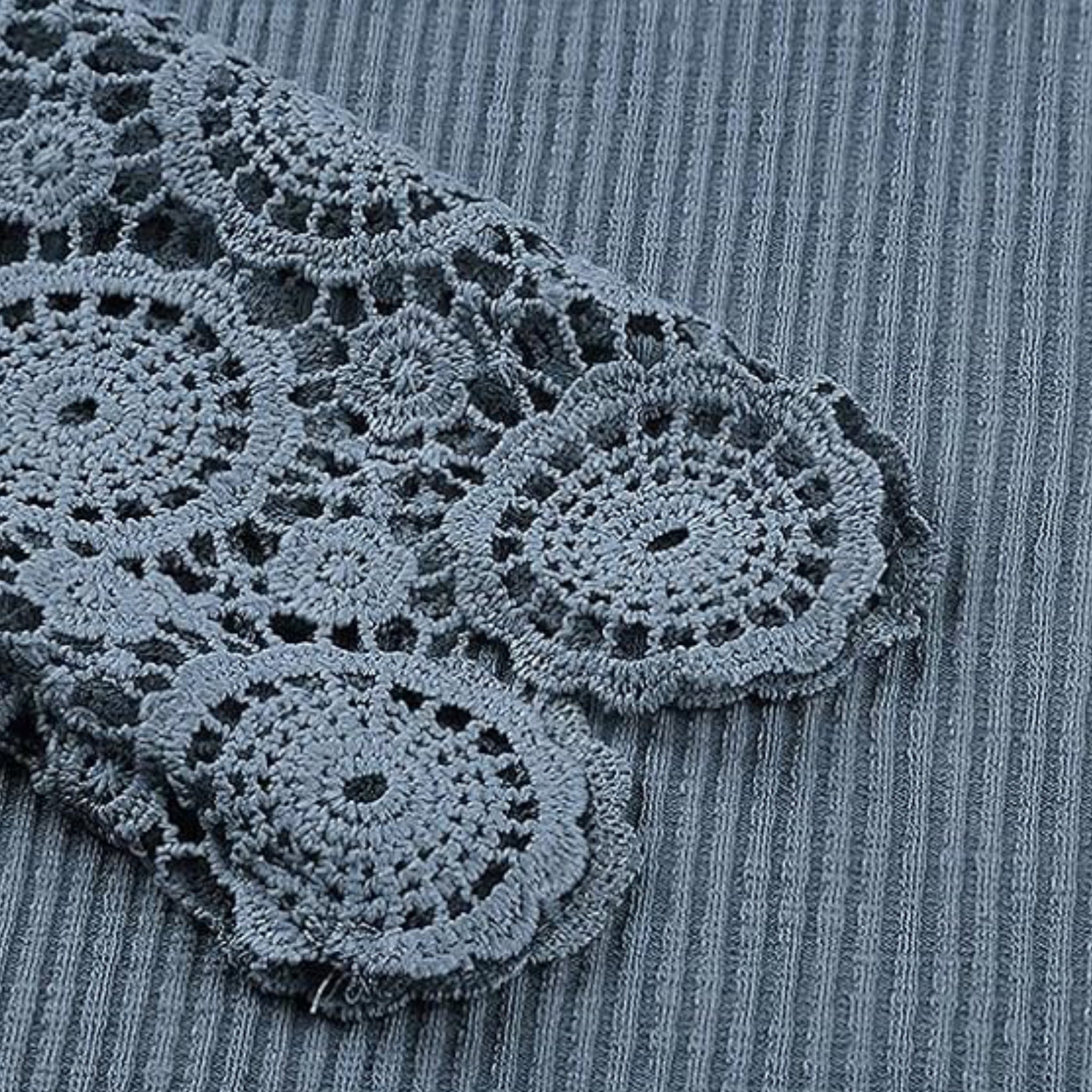 Boho Chic Rib-Knit Henley Top with Crochet Lace Sleeves in Slate Blue