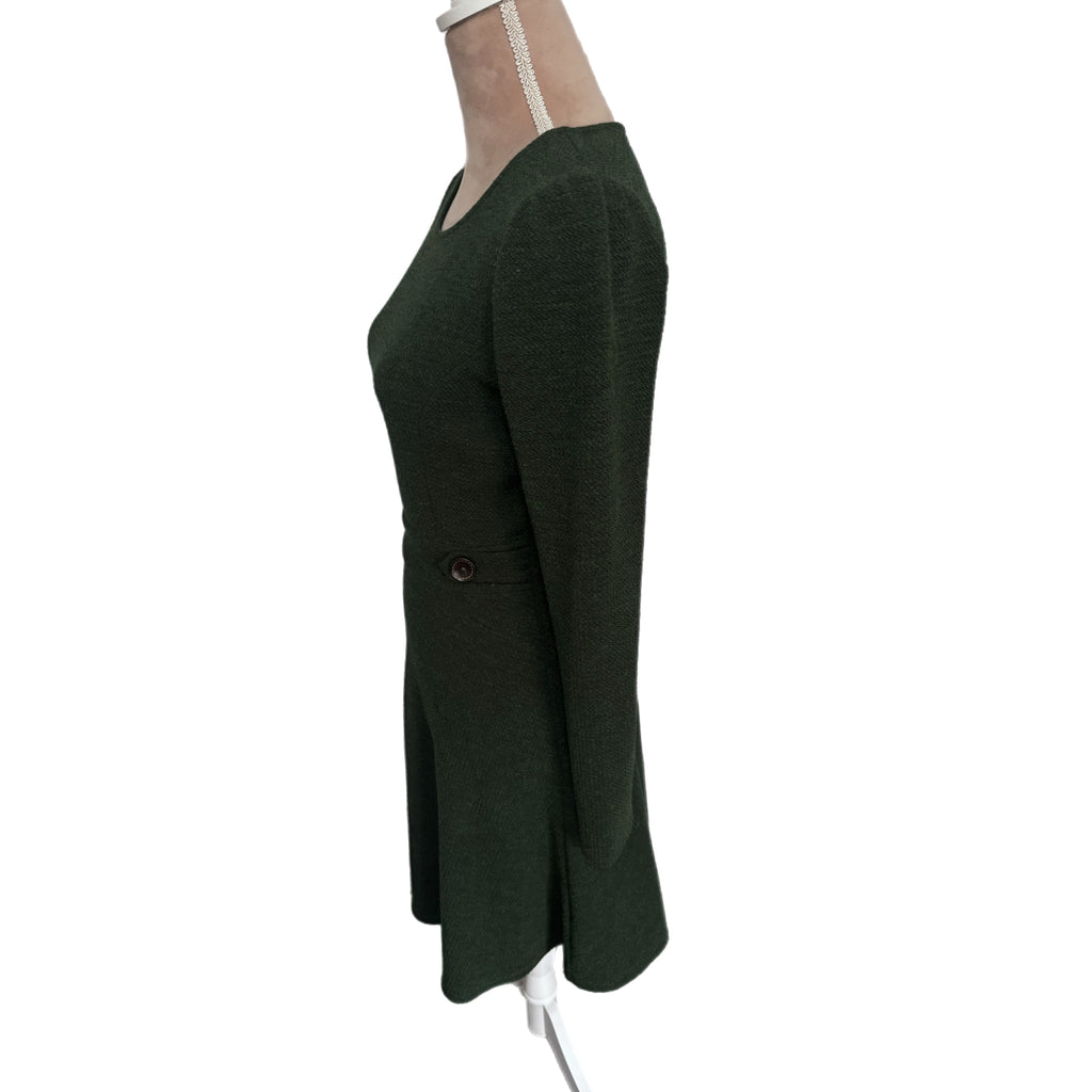 Gilli Textured Fit & Flare Dress Long Puff Sleeve in Dark Green