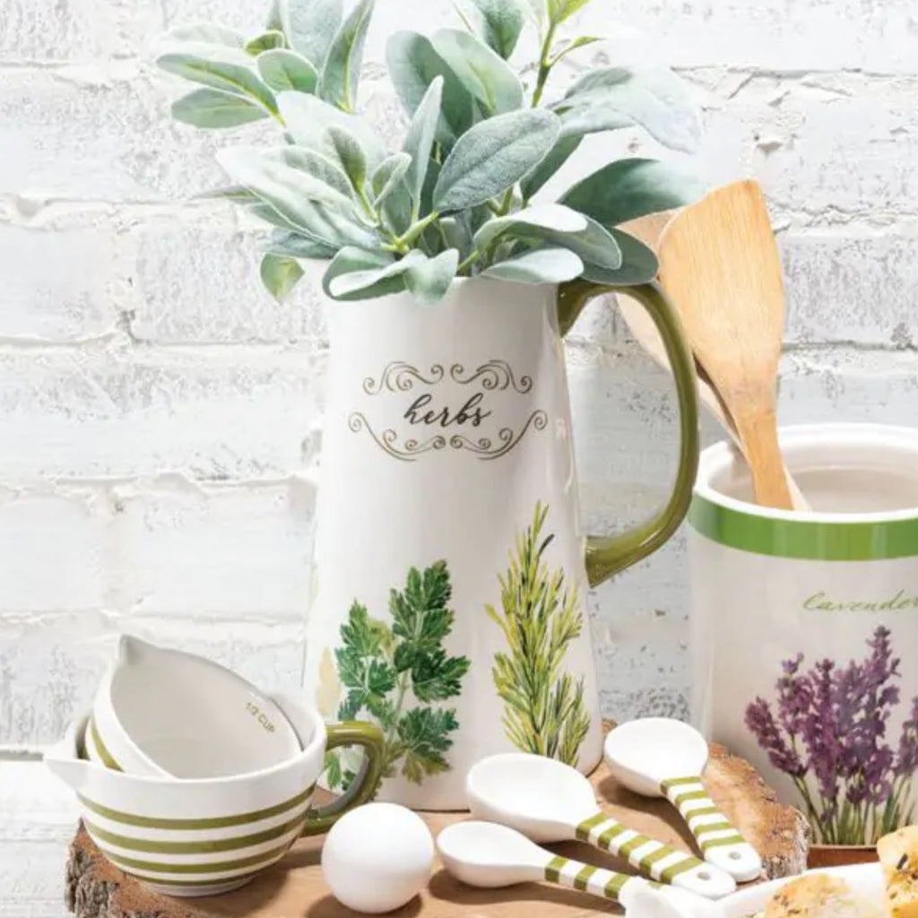SULLIVANGIFT Ceramic Pitcher “Herbs” Painted Drink Container Green White 9.5”