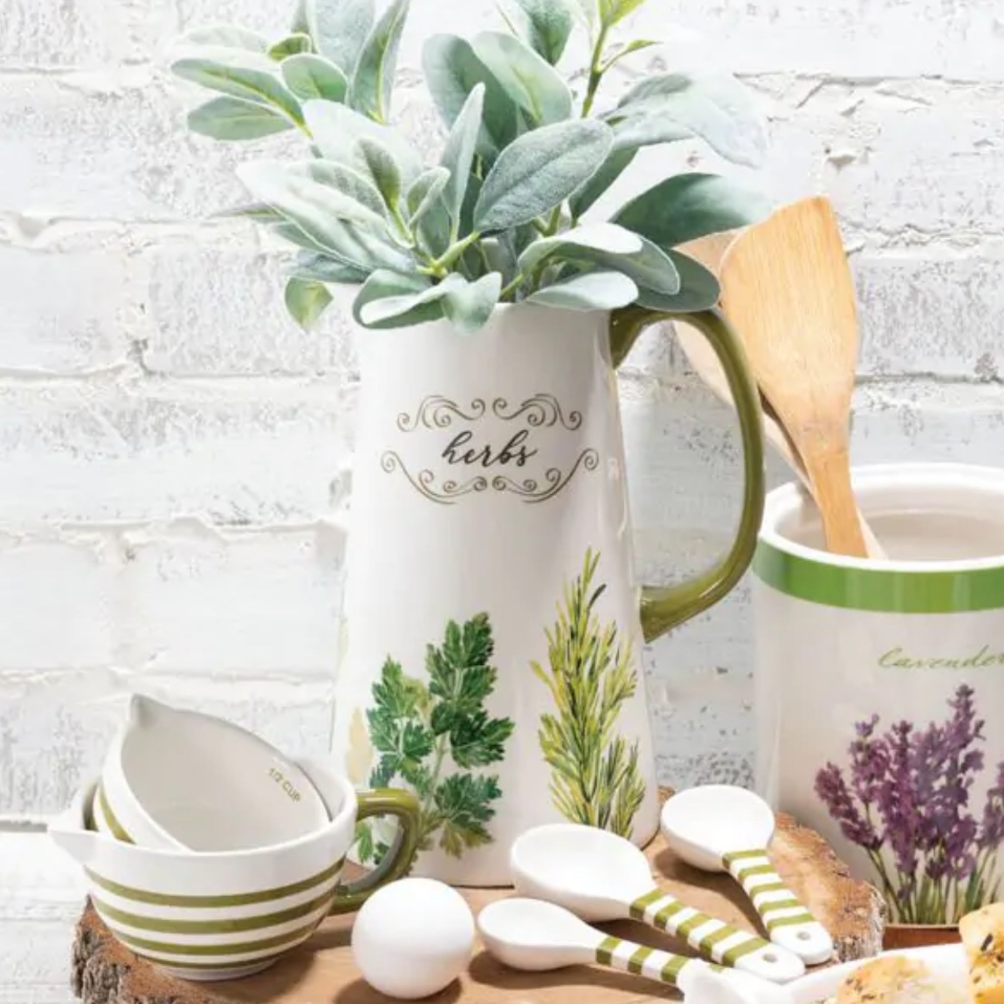 SULLIVANGIFT Ceramic Pitcher “Herbs” Painted Drink Container Green White 9.5”