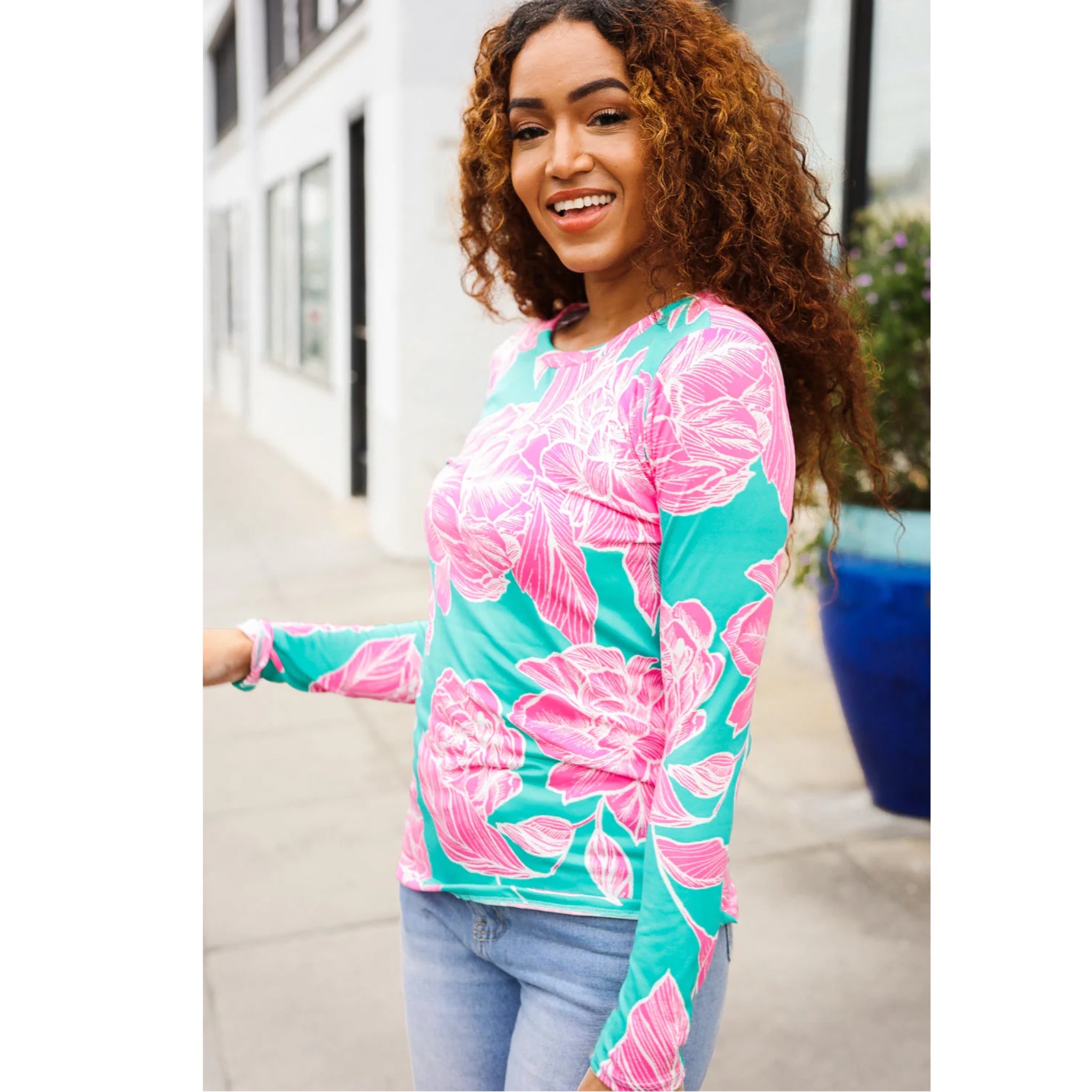 Preppy Love Aqua/Pink Fitted Floral Print Top Long Sleeve