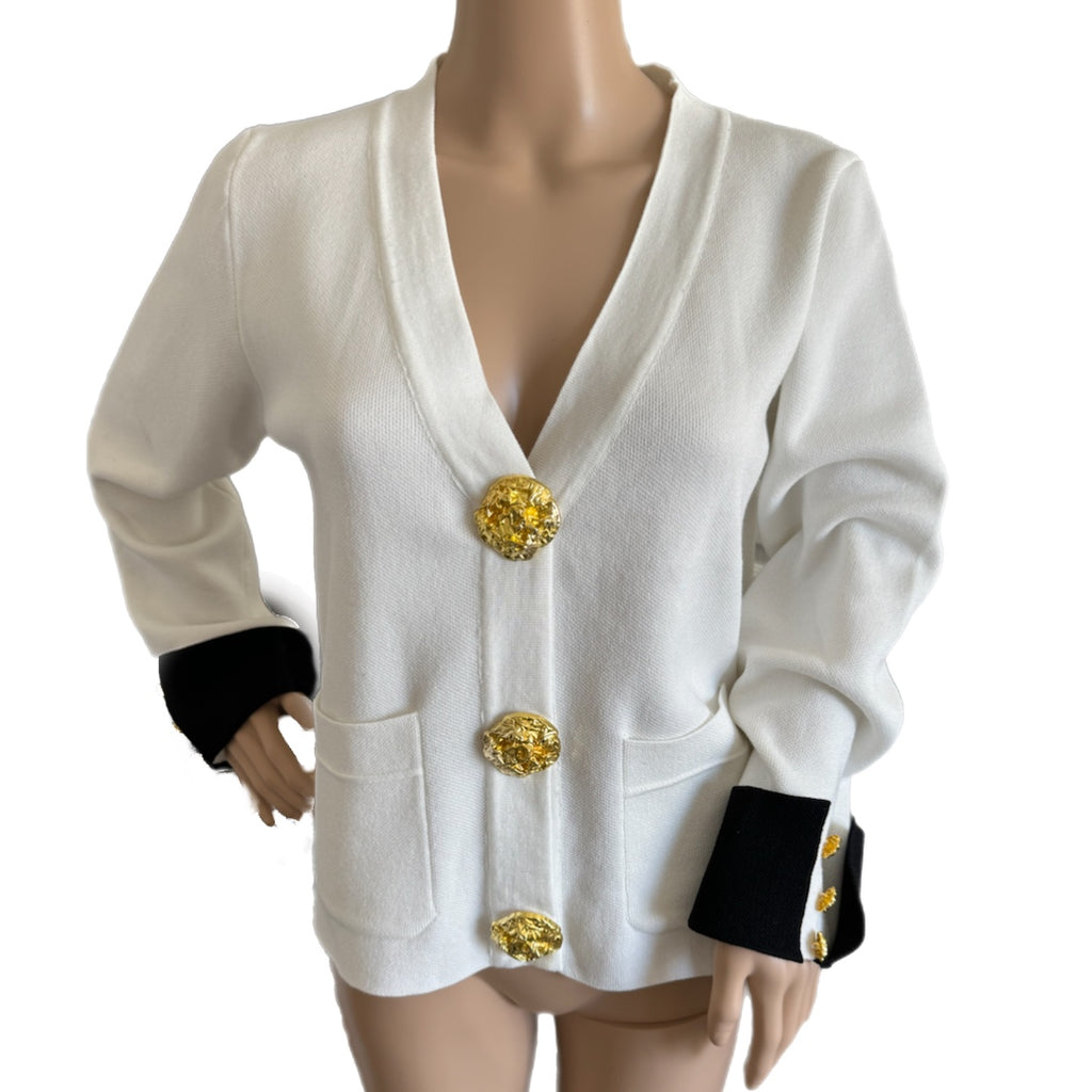 Diana Cardigan Knit Contrast Cuff Large Gold Snap Buttons Cream or Black