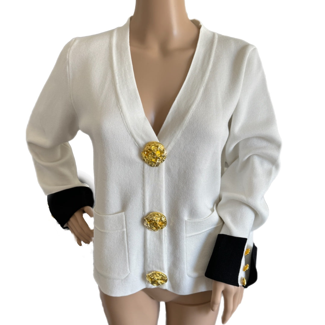 Diana Cardigan Knit Contrast Cuff Large Gold Snap Buttons Cream or Black