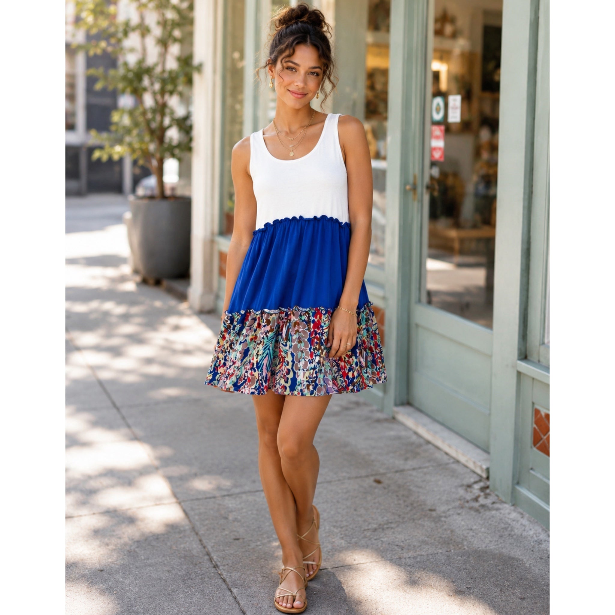 Beeson River Dress Ivory Color Block Royal Blue Floral Accent Sleeveless Mini