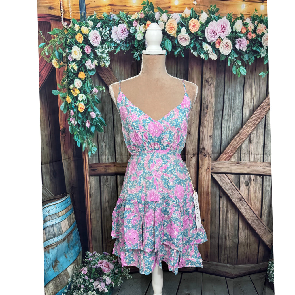 Lumiere Coastal Pink & Blue Embroidered Floral Tiered Mini Dress Ruffle