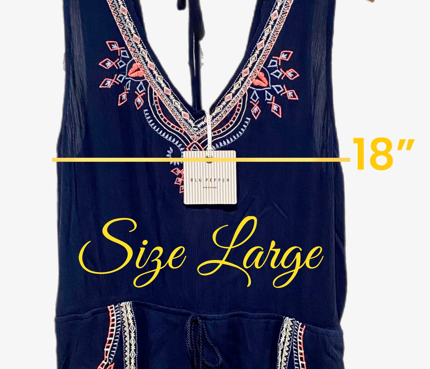 BLU PEPPER Embroidered Summer Tie Romper Sleeveless V Neck Navy