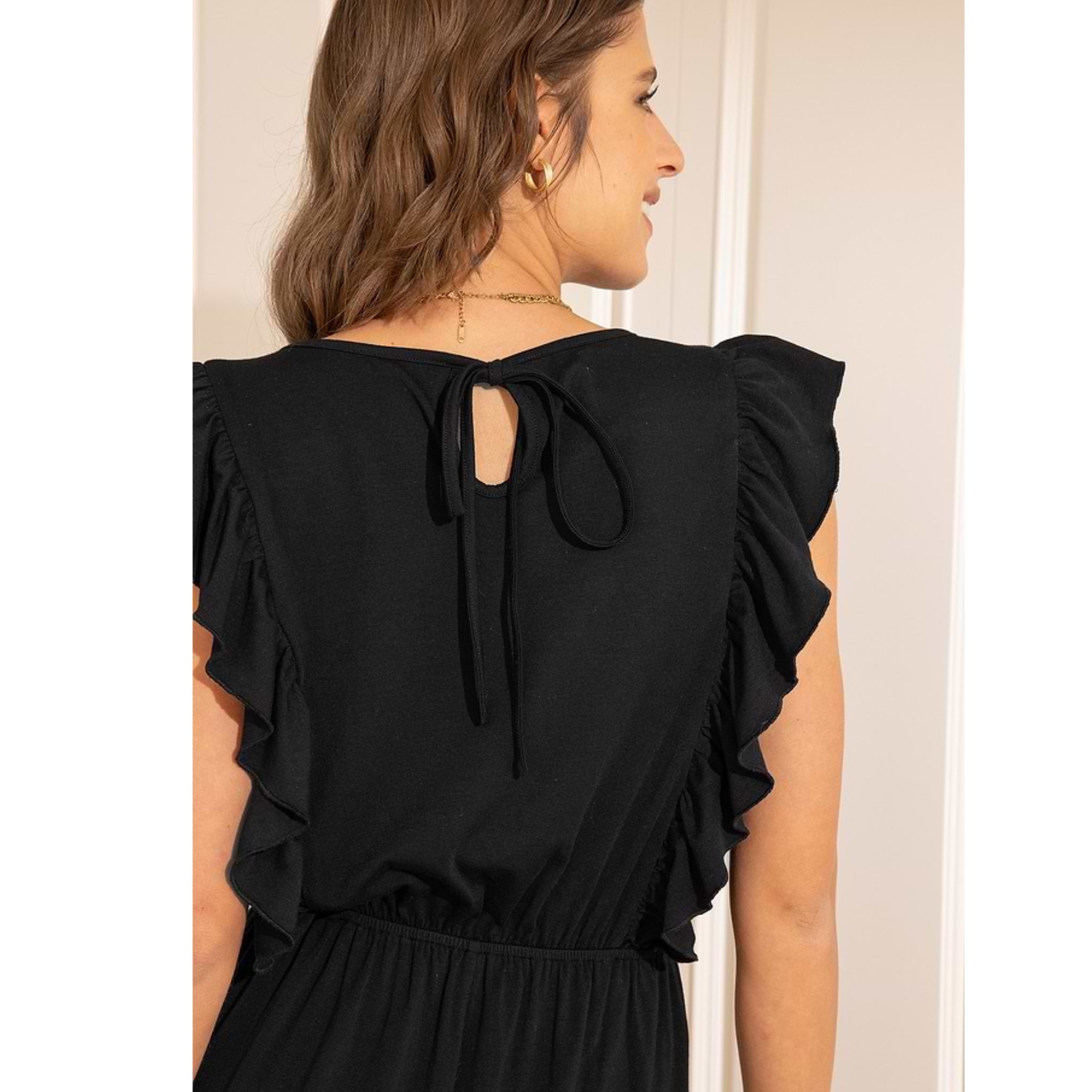 Ruffled Soft Jersey Knit Romper Pocketed Shorts in Black