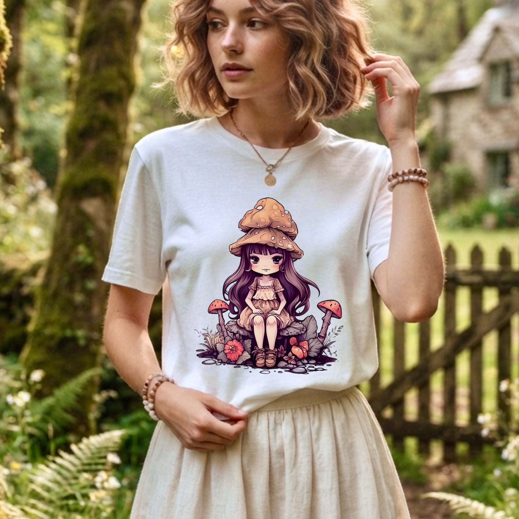 Mushroom Girl Oversized Graphic Tee Cute Cottagecore Whimsy T-Shirt