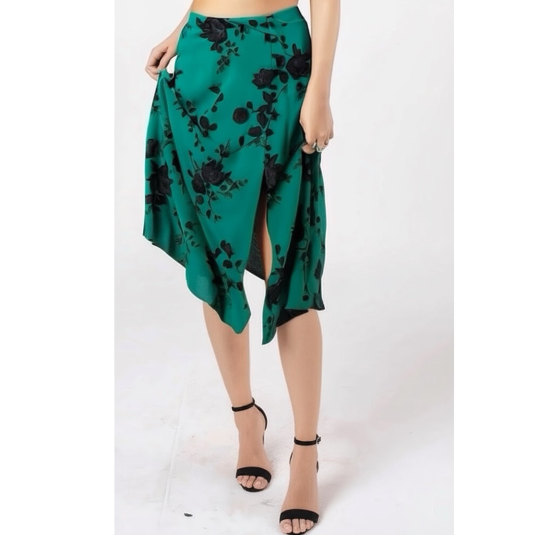 BAND OF THE FREE Etta Emerald Floral Midi Skirt Green Black Front Slit