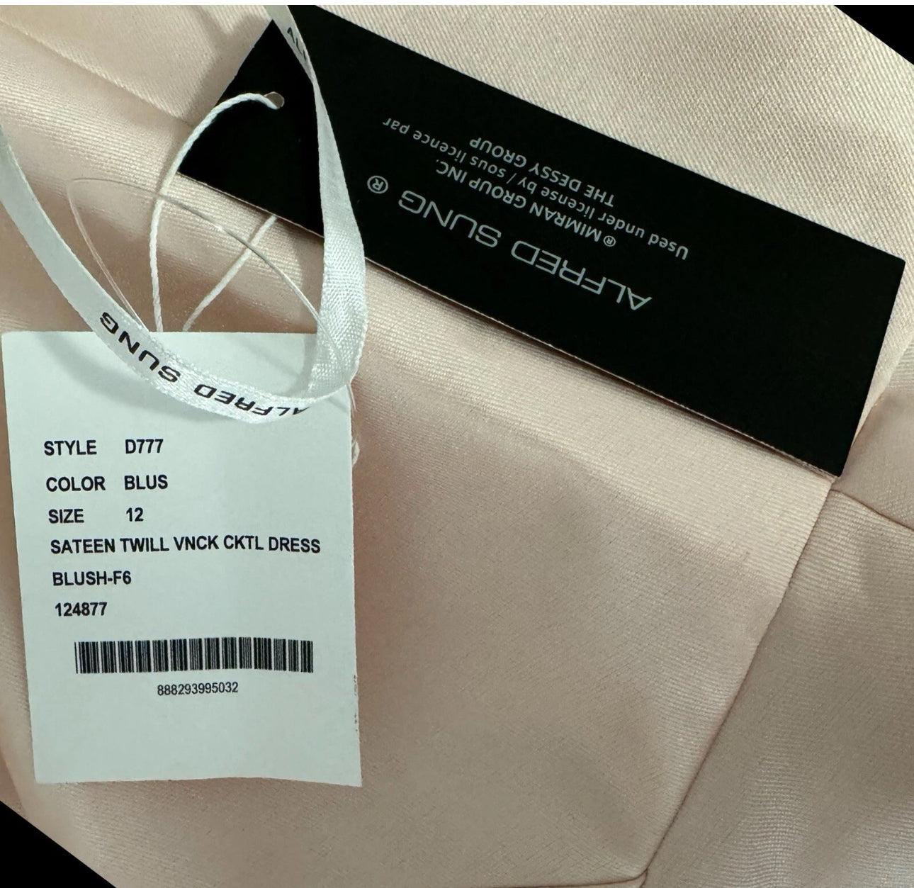 NWT ALFRED SUNG D777 Satin Twill V Neck Cocktail Dress In Blush Pink