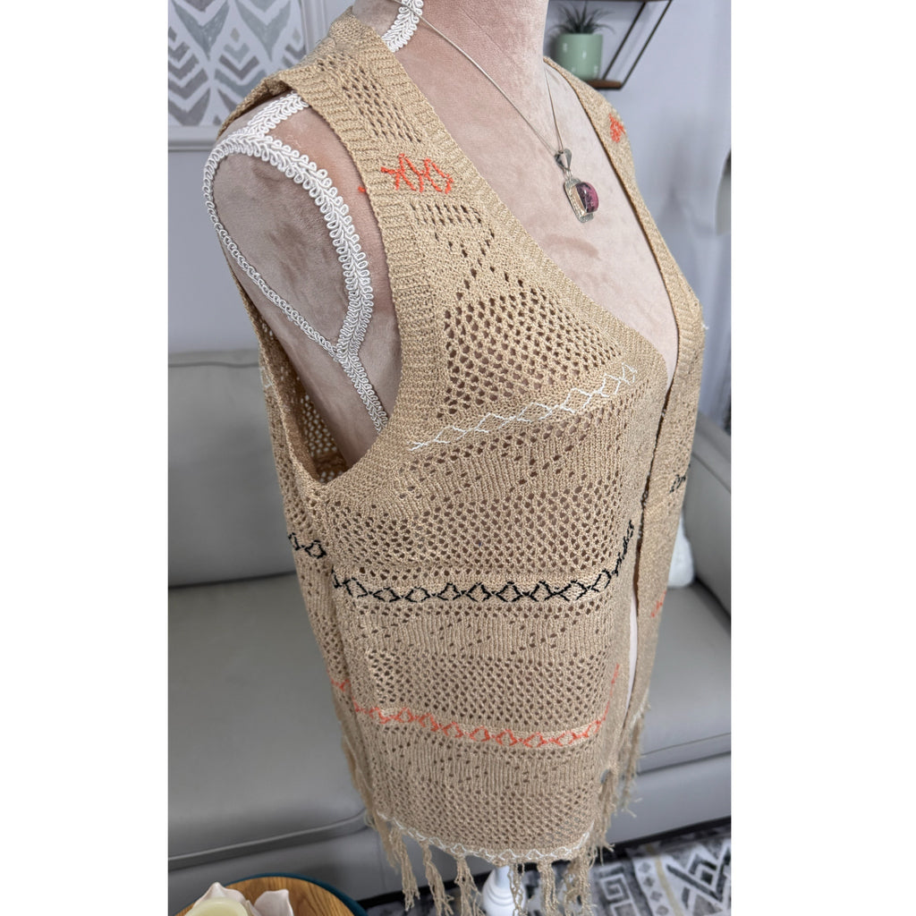 Boho Crochet Fringe Vest Tan Embroidered Open Front Cardigan