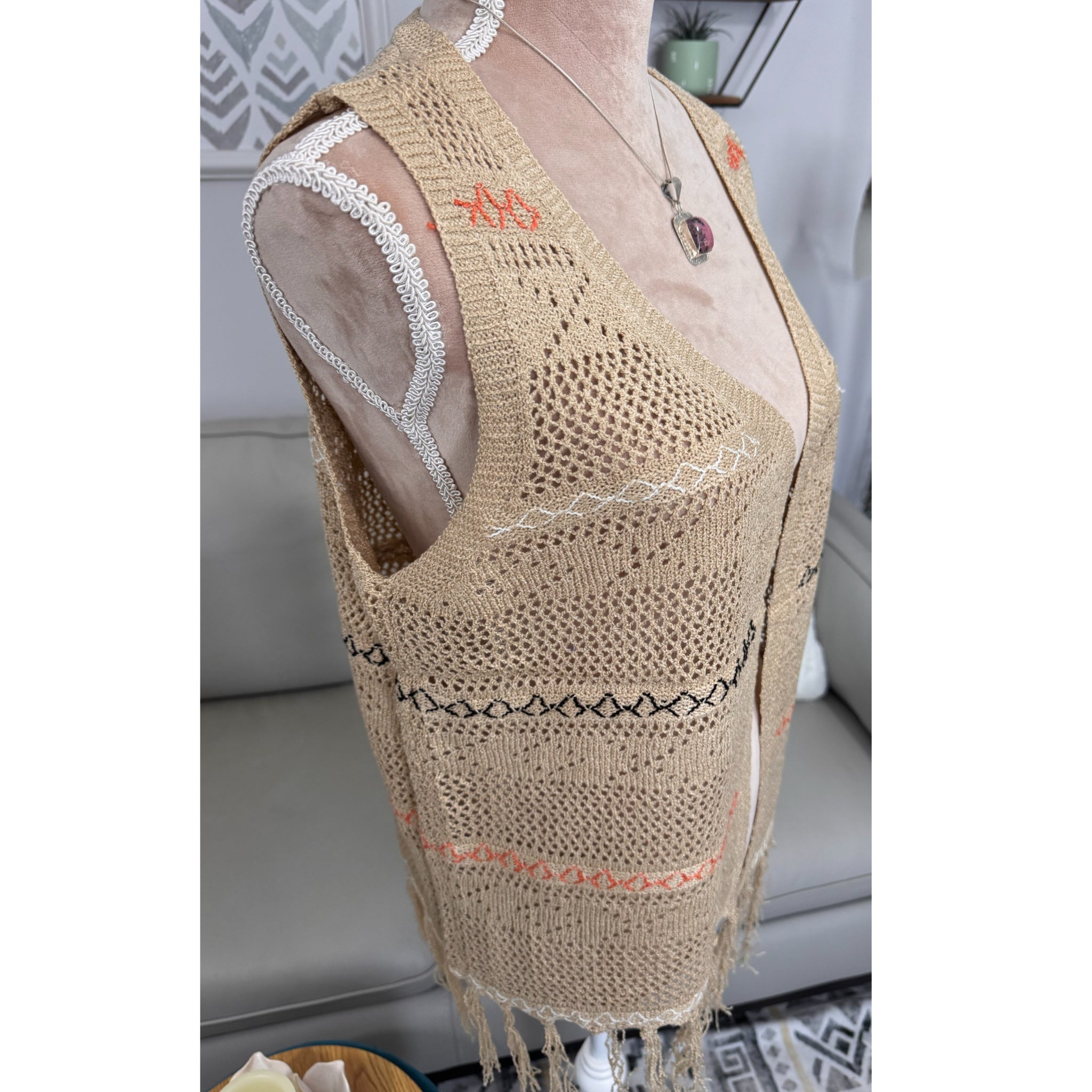 Boho Crochet Fringe Vest Tan Embroidered Open Front Cardigan