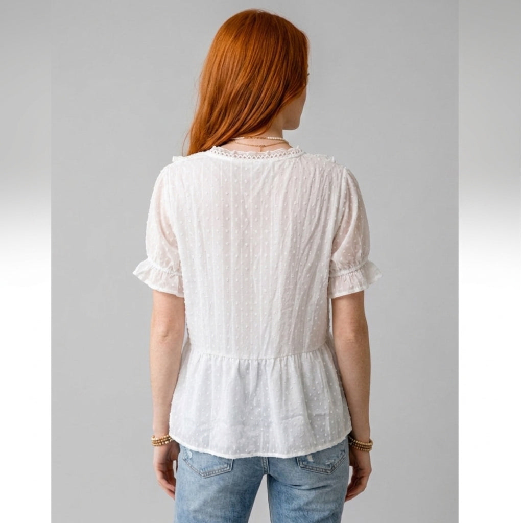 Chiffon Swiss Dot Ruffle Blouse Plunge Top V-Neck in Romantic White