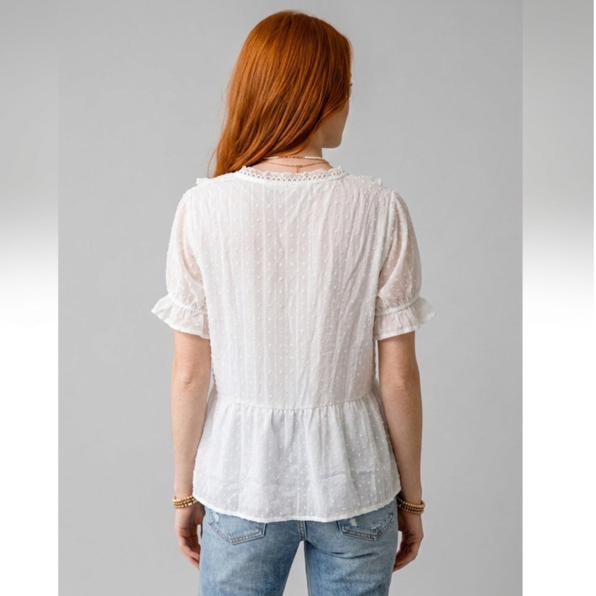 Chiffon Swiss Dot Ruffle Blouse Plunge Top V-Neck in Romantic White