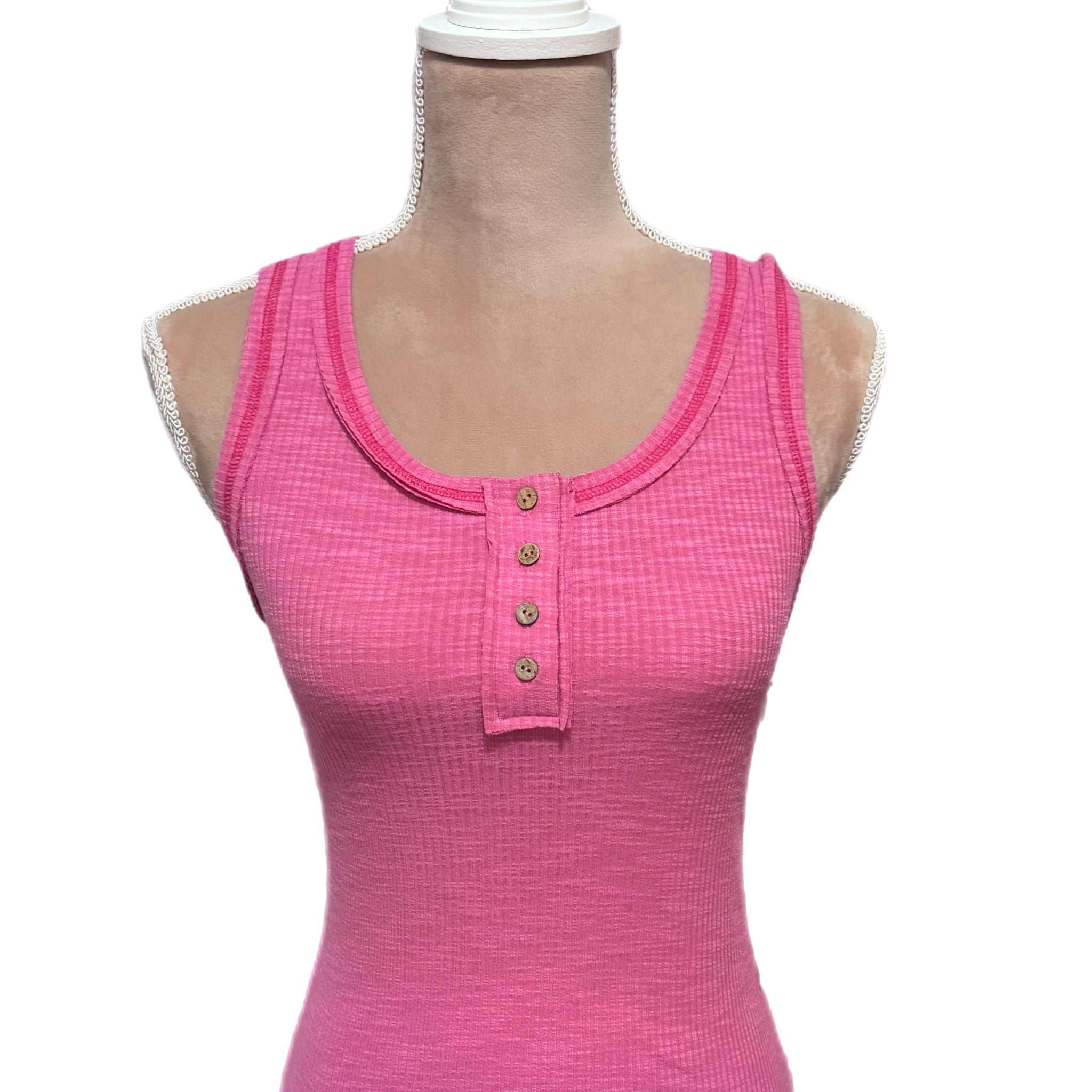 La Miel Ribbed Stitched Detail Henley Tank Top in Candy Pink